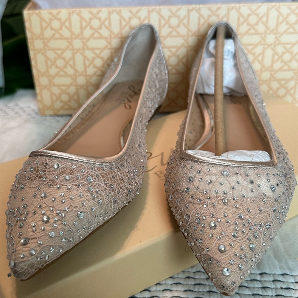 Badgley Mischka Juliana Lace Rhinestone Pointed-Toe Flats in Champagne